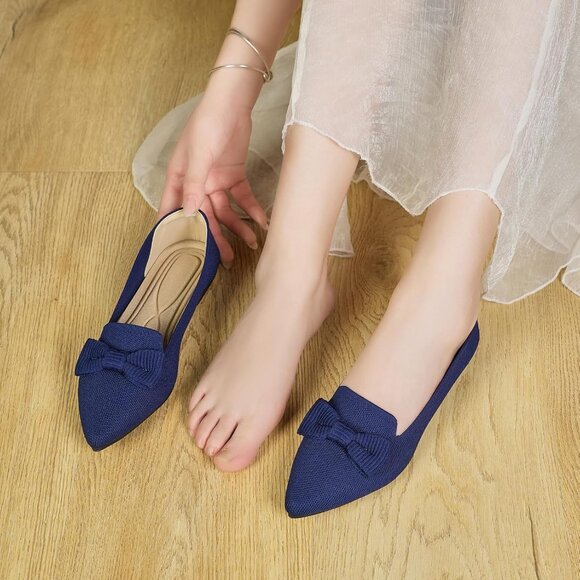 Women Mesh Ballet Blue Flats Bow Pointed Toe Comfortable Dress Shoes for Work - Picture 5 of 7